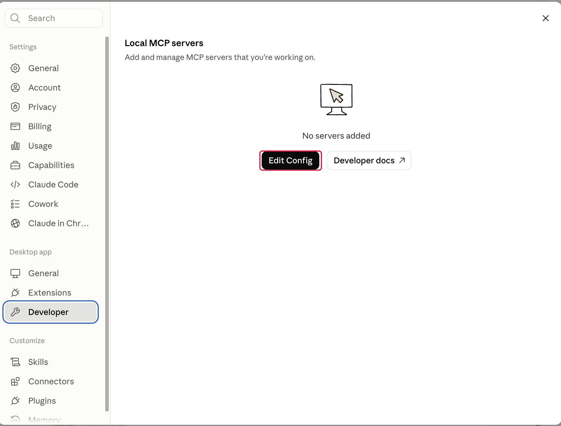 Claude Desktop settings on the Developer tab, with the Edit Config button highlighted