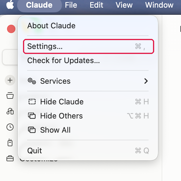 The Claude menu in the macOS menu bar, with Settings highlighted