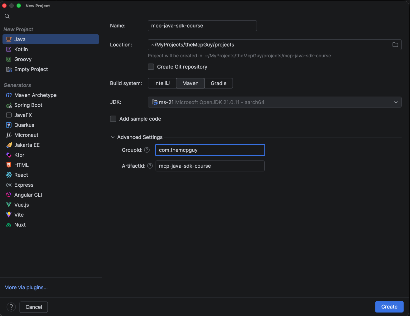 IntelliJ IDEA's New Project dialog, set up for this course: Java, build system Maven, JDK 21, sample code unchecked, GroupId com.themcpguy, ArtifactId mcp-java-sdk-course