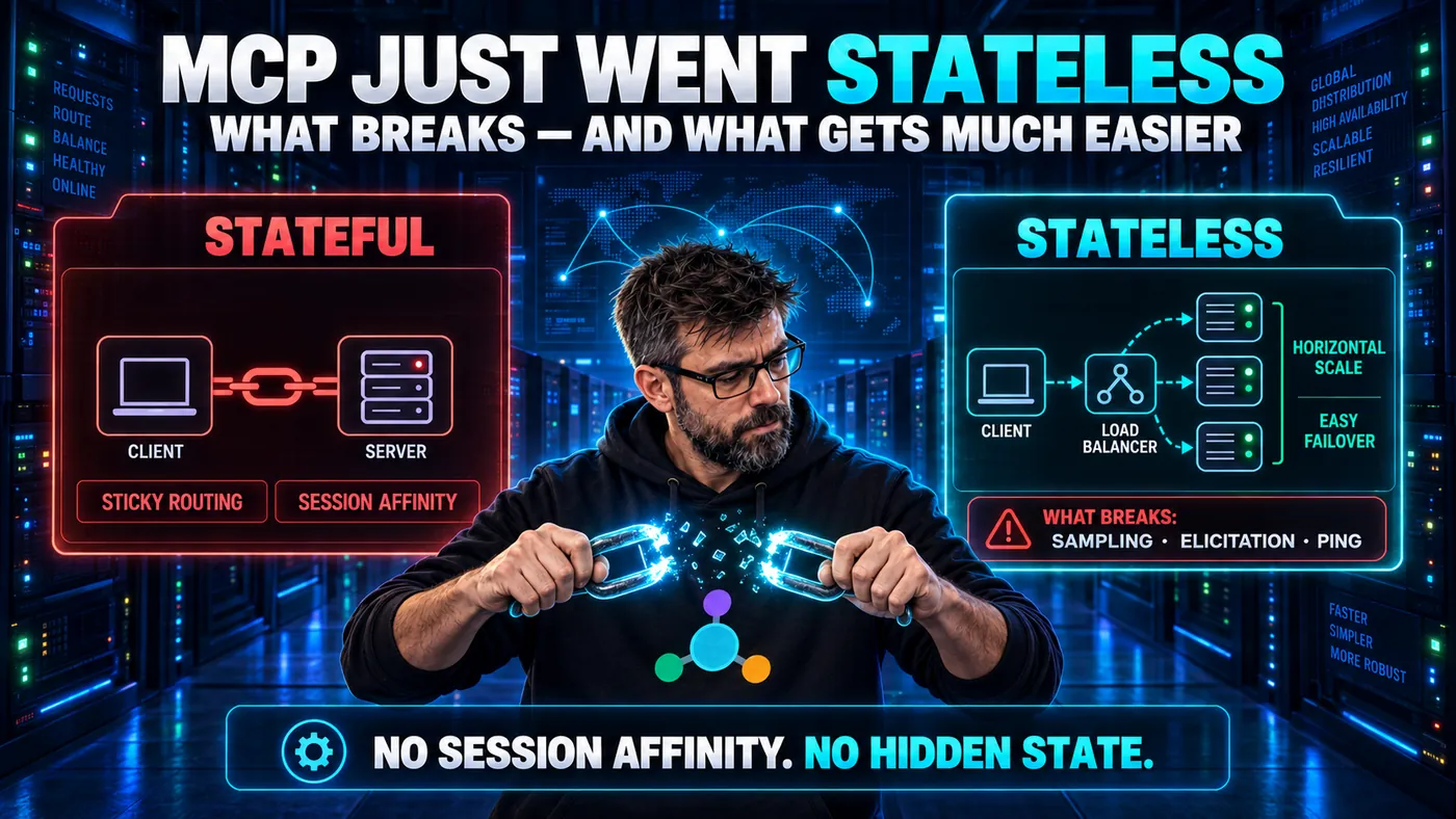 Series cover. A red stateful column shows a client chained to one server by sticky routing and session affinity, and a cyan stateless column shows a client reaching three servers through a load balancer. A note lists what breaks: sampling, elicitation and ping. The strapline reads: no session affinity, no hidden state.