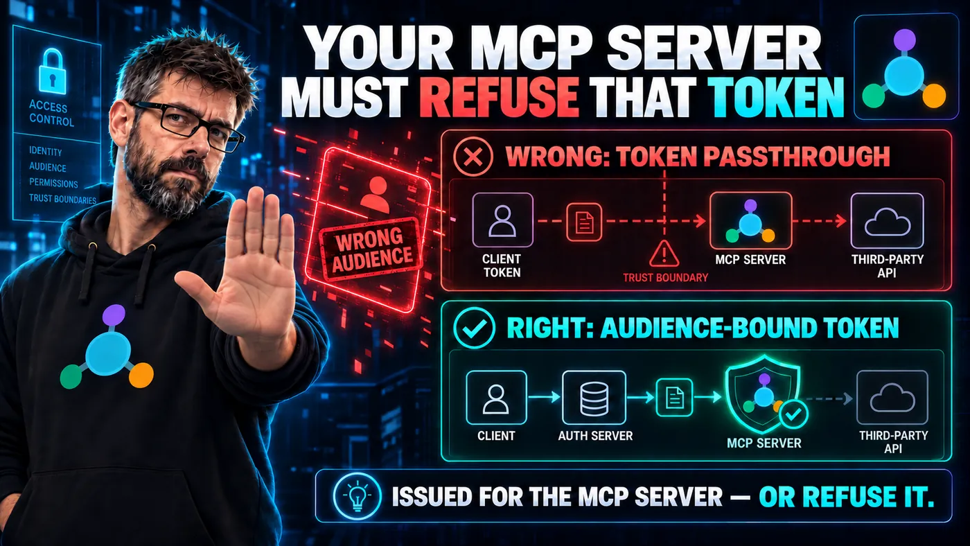 Series cover. A red row shows a client token passed straight through an MCP server to a third-party API across a trust boundary, marked wrong audience. A green row shows the client getting an audience-bound token from an auth server first. The strapline reads: issued for the MCP server, or refuse it.