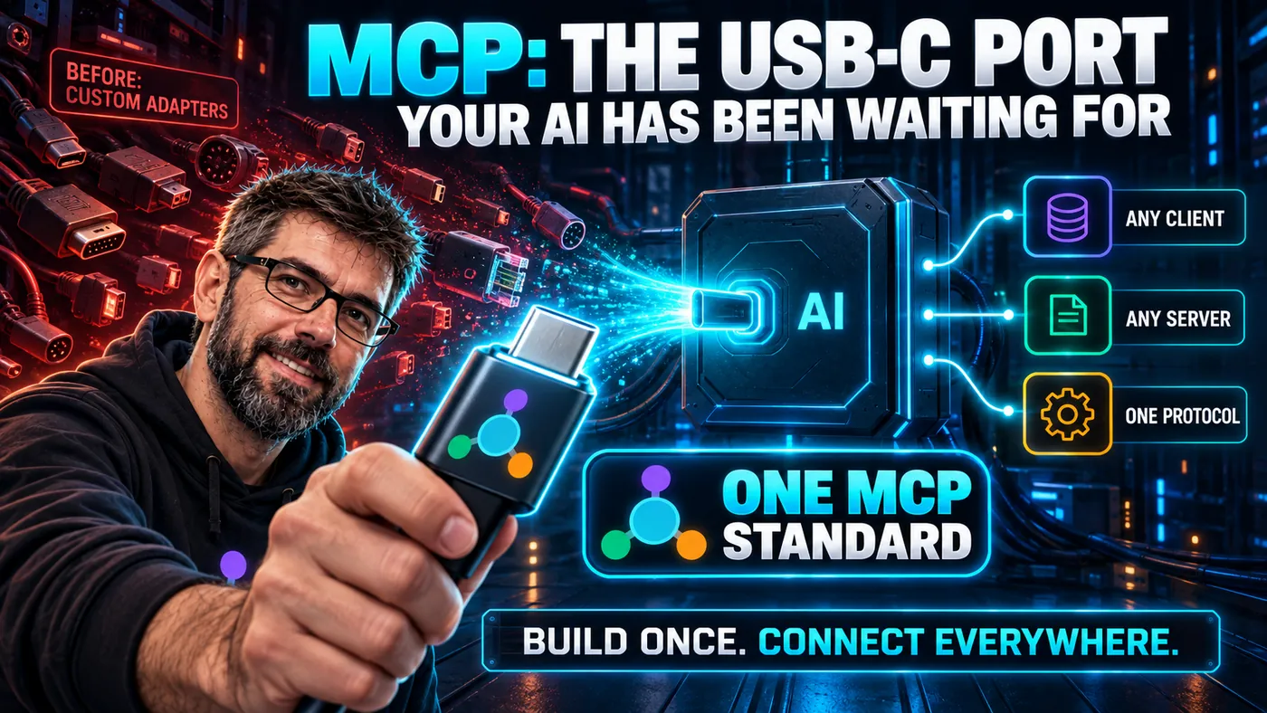 Series cover. A USB-C connector is plugged into a port marked AI, replacing a red pile of custom adapters, and one MCP standard reaches any client, any server, one protocol. The strapline reads: build once, connect everywhere.