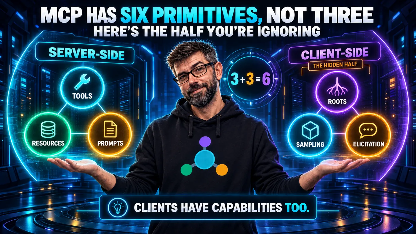 Series cover. A server-side ring holds Tools, Resources and Prompts, a client-side ring labelled the hidden half holds Roots, Sampling and Elicitation, and between them sits three plus three equals six. The strapline reads: clients have capabilities too.