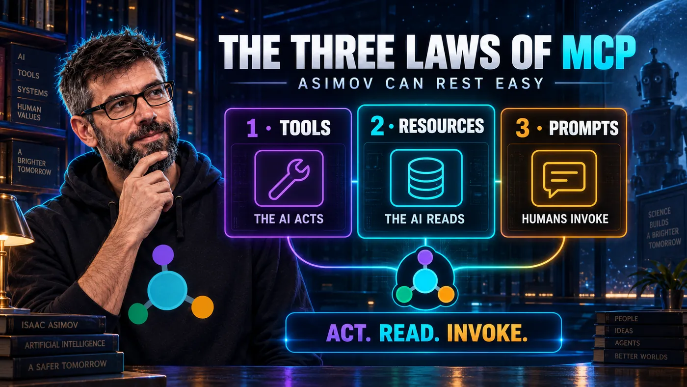 Series cover. Three numbered panels: Tools, where the AI acts; Resources, where the AI reads; Prompts, which humans invoke. The strapline reads: act, read, invoke.